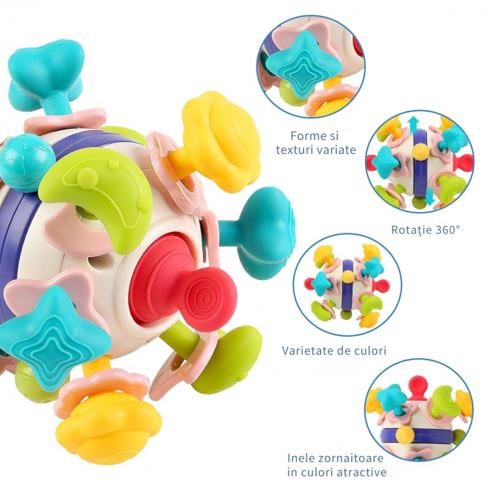 Jucarie Dentitie Bebelusi Giftry® – Minge Teether Montessori 2 in 1, Zornaitoare Fara BPA, Amelioreaza Disconfortul Gingival, Stimuleaza Dezvoltarea Motorie, 0-18 Luni [3]