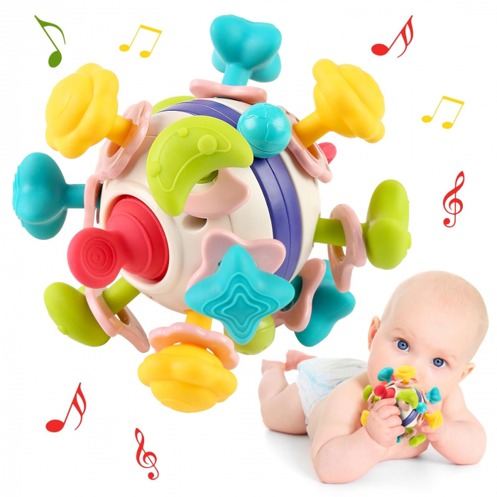 Jucarie Dentitie Bebelusi Giftry® – Minge Teether Montessori 2 in 1, Zornaitoare Fara BPA, Amelioreaza Disconfortul Gingival, Stimuleaza Dezvoltarea Motorie, 0-18 Luni [1]
