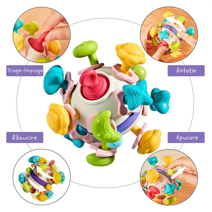 Jucarie Dentitie Bebelusi Giftry® – Minge Teether Montessori 2 in 1, Zornaitoare Fara BPA, Amelioreaza Disconfortul Gingival, Stimuleaza Dezvoltarea Motorie, 0-18 Luni [10]