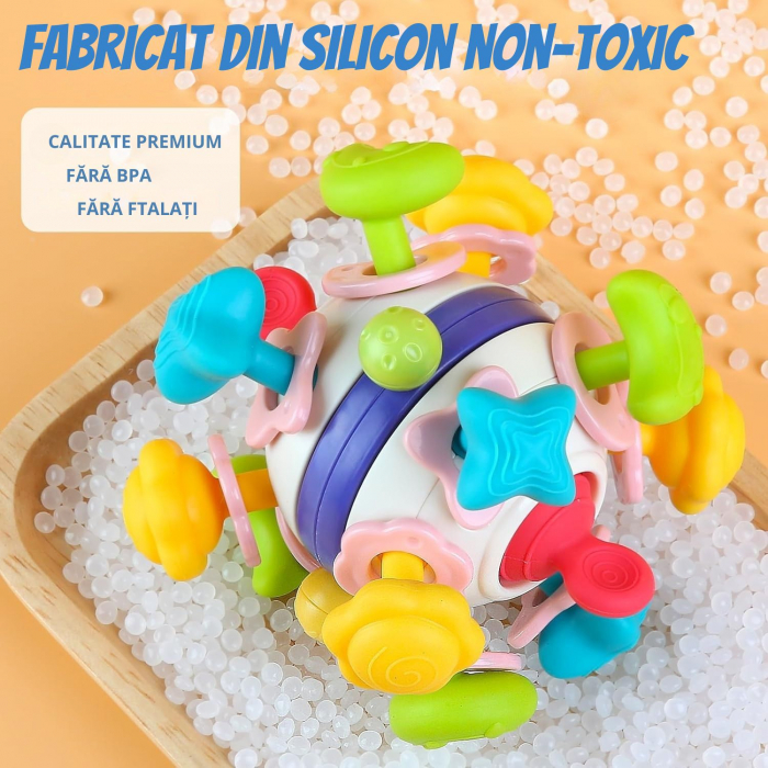 Jucarie Dentitie Bebelusi Giftry® – Minge Teether Montessori 2 in 1, Zornaitoare Fara BPA, Amelioreaza Disconfortul Gingival, Stimuleaza Dezvoltarea Motorie, 0-18 Luni [4]