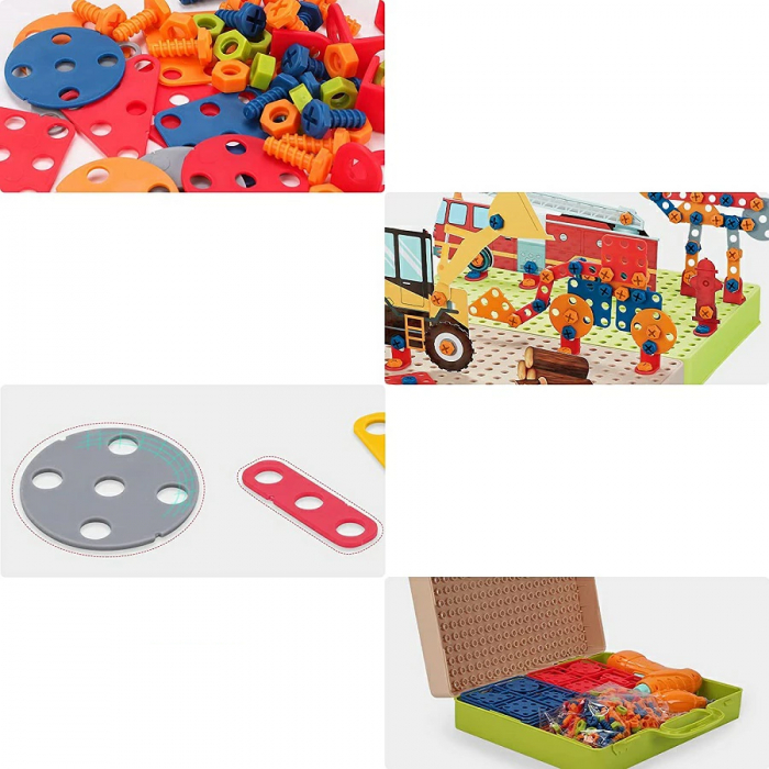 Jucarie educativa si interactiva Giftry®, set constructie Montessori cu bormasina,331 piese, masini, inginerie 2D-3D, 3-10 ani [7]