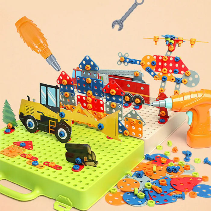 Jucarie educativa si interactiva Giftry®, set constructie Montessori cu bormasina,331 piese, masini, inginerie 2D-3D, 3-10 ani [4]