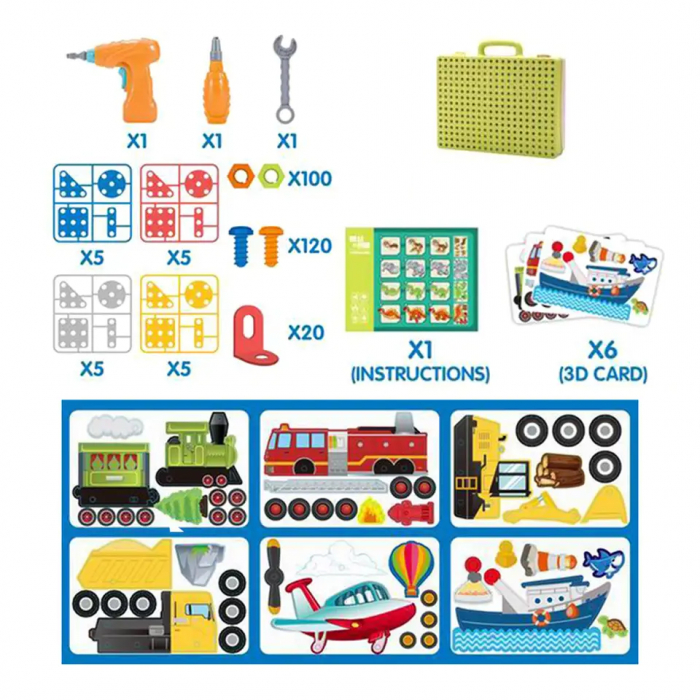 Jucarie educativa si interactiva Giftry®, set constructie Montessori cu bormasina,331 piese, masini, inginerie 2D-3D, 3-10 ani [5]