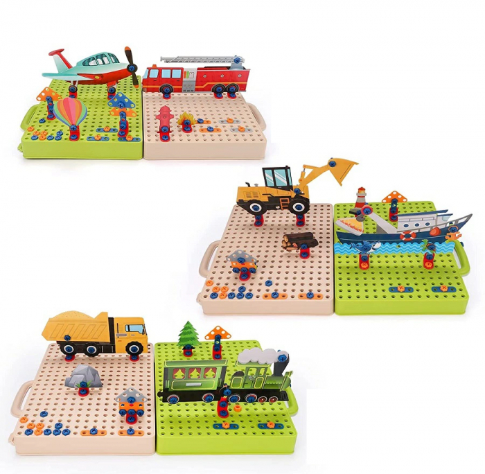 Jucarie educativa si interactiva Giftry®, set constructie Montessori cu bormasina,331 piese, masini, inginerie 2D-3D, 3-10 ani [3]