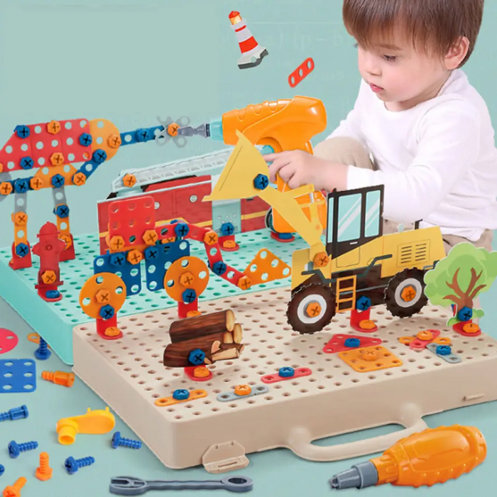 Jucarie educativa si interactiva Giftry®, set constructie Montessori cu bormasina,331 piese, masini, inginerie 2D-3D, 3-10 ani [6]