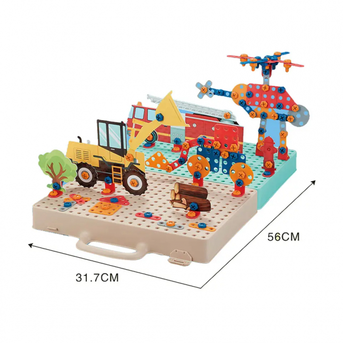 Jucarie educativa si interactiva Giftry®, set constructie Montessori cu bormasina,331 piese, masini, inginerie 2D-3D, 3-10 ani [2]