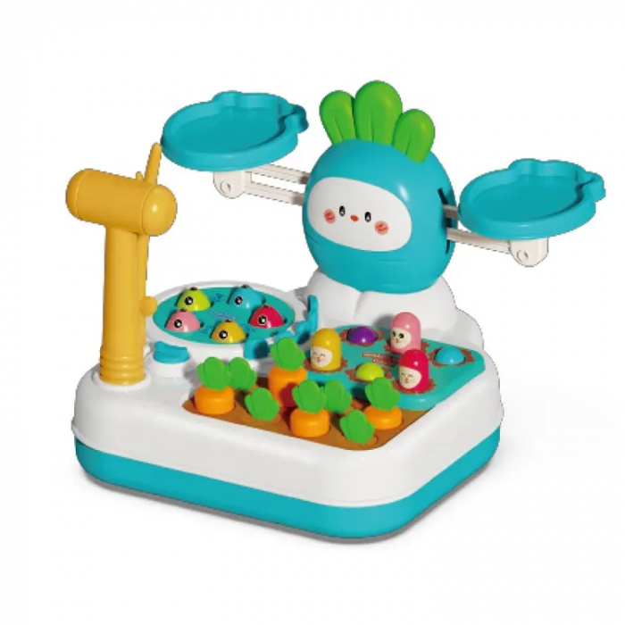 Jucarie interactiva 4 in 1 Giftry®, set multiple activitati, Whack-a-Mole, pescuit si recoltare morcovi, balanta matematica, baieti si fete, 18 luni+, albastru [1]