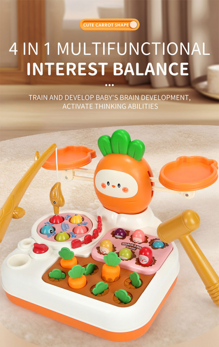 Jucarie interactiva 4 in 1 Giftry®, set multiple activitati, Whack-a-Mole, pescuit si recoltare morcovi, balanta matematica, baieti si fete, 18 luni+, portocaliu [5]