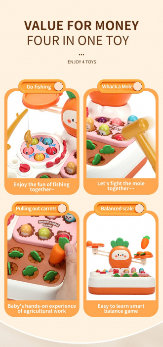 Jucarie interactiva 4 in 1 Giftry®, set multiple activitati, Whack-a-Mole, pescuit si recoltare morcovi, balanta matematica, baieti si fete, 18 luni+, portocaliu [6]