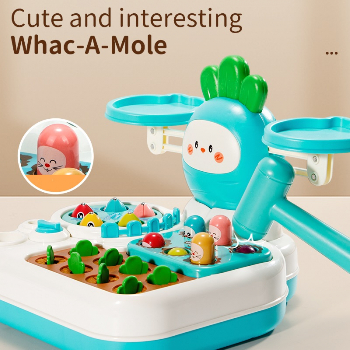 Jucarie interactiva 4 in 1 Giftry®, set multiple activitati, Whack-a-Mole, pescuit si recoltare morcovi, balanta matematica, baieti si fete, 18 luni+, albastru [2]