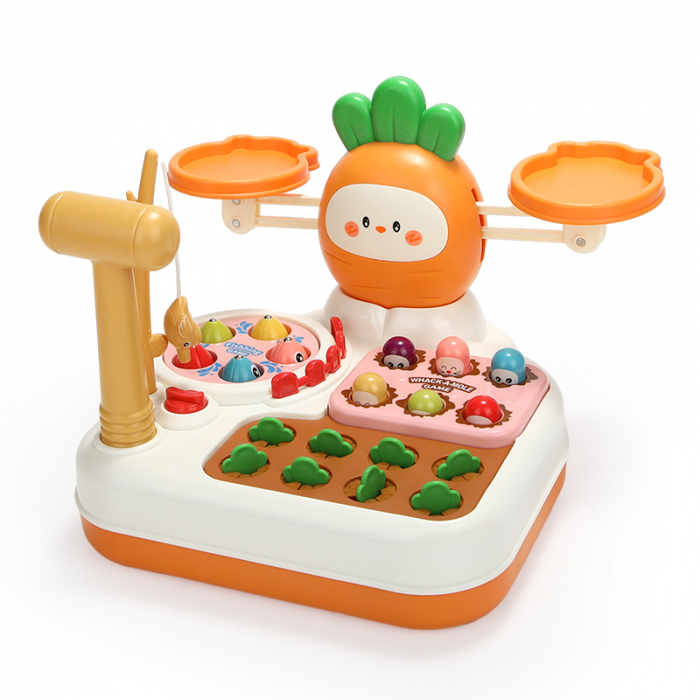 Jucarie interactiva 4 in 1 Giftry®, set multiple activitati, Whack-a-Mole, pescuit si recoltare morcovi, balanta matematica, baieti si fete, 18 luni+, portocaliu [1]
