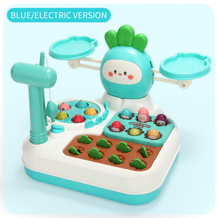 Jucarie interactiva 4 in 1 Giftry®, set multiple activitati, Whack-a-Mole, pescuit si recoltare morcovi, balanta matematica, baieti si fete, 18 luni+, albastru [3]