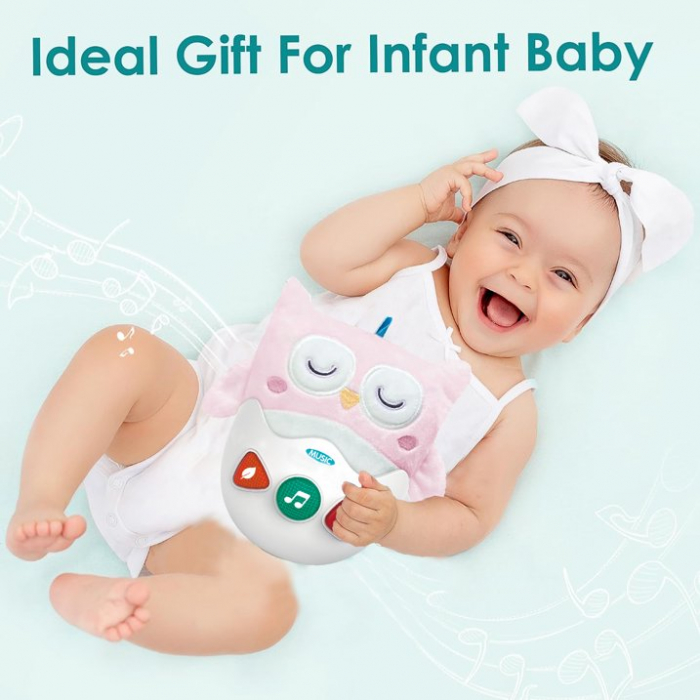 Jucarie interactiva de plus Giftry®, model bufnita, elemente senzoriale, muzica si lumini, roz, 6 luni + [7]
