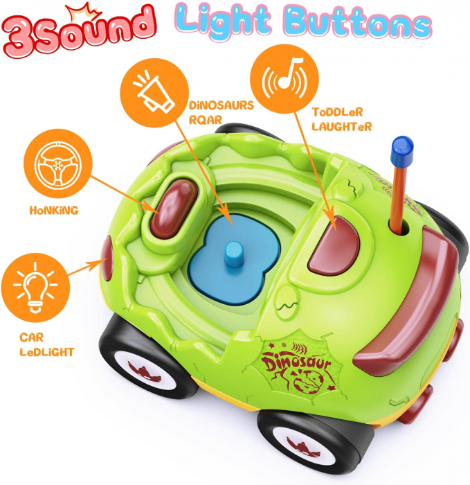 Jucarie masina dinozaur cu telecomanda Giftry®, RC car cu muzica si lumini LED, pentru baieti si fete 3-5 ani, Verde [3]