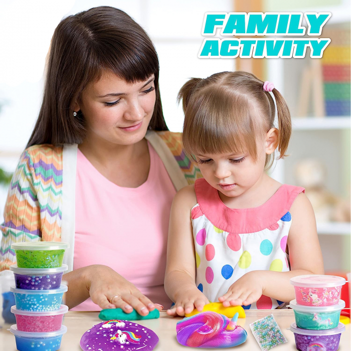 Kit Giftry® creatie slime, model unicorn, spuma colorata, margele, pulbere fosforescenta, glitter, multiple accesorii, joc distractiv, interactiv, varsta 6-12 ani [6]