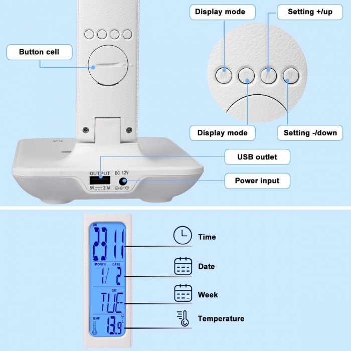 Lampa de birou cu LED, incarcator wireless, port USB, ceas, alarma, termometru, control tactil, 5 niveluri de iluminare, alb [2]