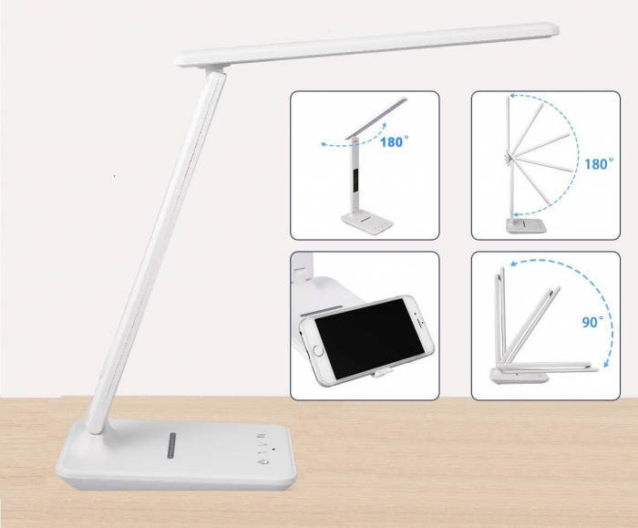 Lampa de birou cu LED, incarcator wireless, port USB, ceas, alarma, termometru, control tactil, 5 niveluri de iluminare, alb [6]