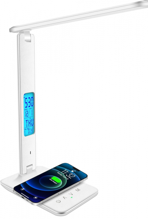 Lampa de birou cu LED, incarcator wireless, port USB, ceas, alarma, termometru, control tactil, 5 niveluri de iluminare, alb [1]