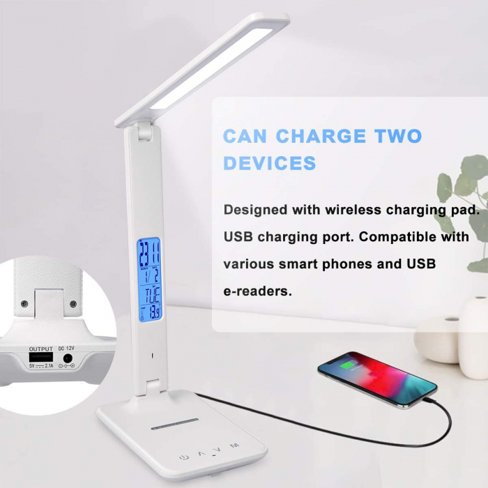 Lampa de birou cu LED, incarcator wireless, port USB, ceas, alarma, termometru, control tactil, 5 niveluri de iluminare, alb [8]