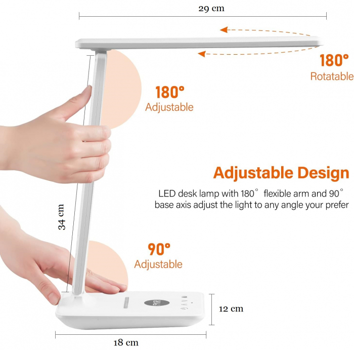 Lampa de birou cu LED, incarcator wireless, port USB, ceas, alarma, termometru, control tactil, 5 niveluri de iluminare, alb [3]