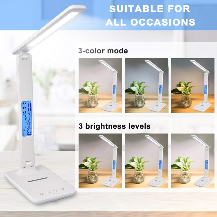 Lampa de birou cu LED, incarcator wireless, port USB, ceas, alarma, termometru, control tactil, 5 niveluri de iluminare, alb [7]