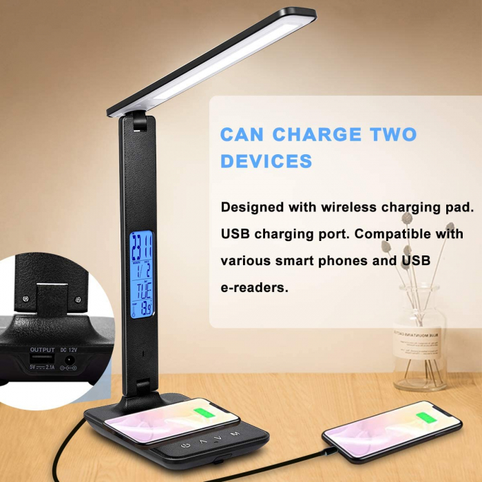 Lampa de birou cu LED, incarcator wireless, port USB, ceas, alarma, termometru, control tactil, 5 niveluri de iluminare, negru [5]