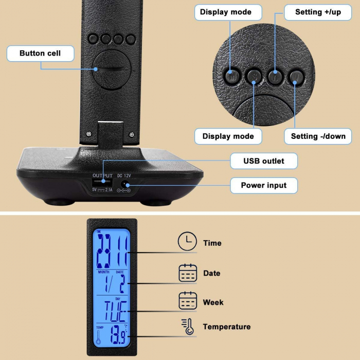 Lampa de birou cu LED, incarcator wireless, port USB, ceas, alarma, termometru, control tactil, 5 niveluri de iluminare, negru [4]