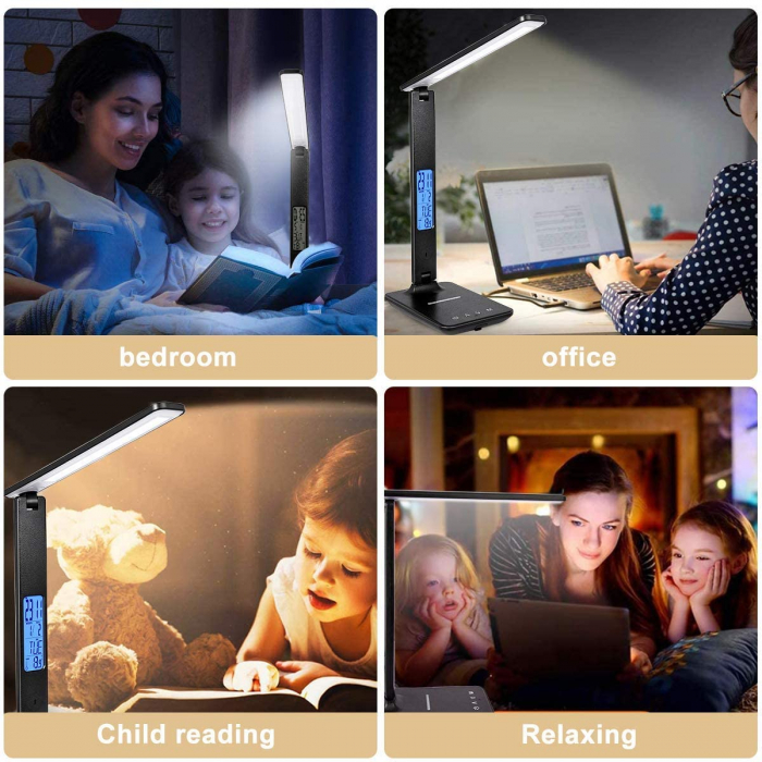 Lampa de birou cu LED, incarcator wireless, port USB, ceas, alarma, termometru, control tactil, 5 niveluri de iluminare, negru [8]