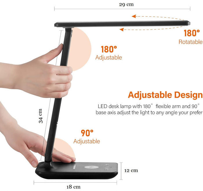 Lampa de birou cu LED, incarcator wireless, port USB, ceas, alarma, termometru, control tactil, 5 niveluri de iluminare, negru [2]
