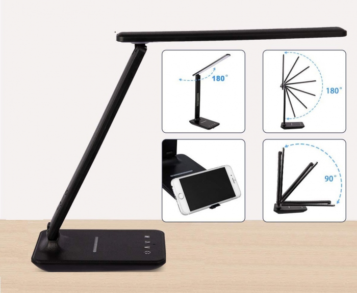 Lampa de birou cu LED, incarcator wireless, port USB, ceas, alarma, termometru, control tactil, 5 niveluri de iluminare, negru [9]