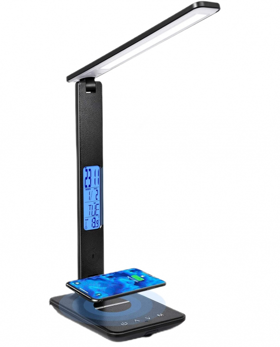Lampa de birou cu LED, incarcator wireless, port USB, ceas, alarma, termometru, control tactil, 5 niveluri de iluminare, negru [1]