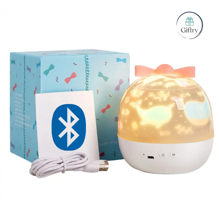 Lampa de veghe Giftry®, proiector cu Bluetooth, rotatie 360°, reincarcabil, 6 seturi de proiectie, LED, alimentare USB, alb [2]