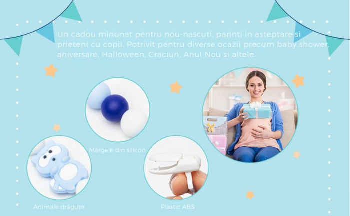Lantisor Suzeta din Silicon, Set 4 piese, Giftry® – Jucarie Dentitie nou-nascut, Antialunecare , animale colorate – albastru / verde –Cadou Fete si Baieti [6]