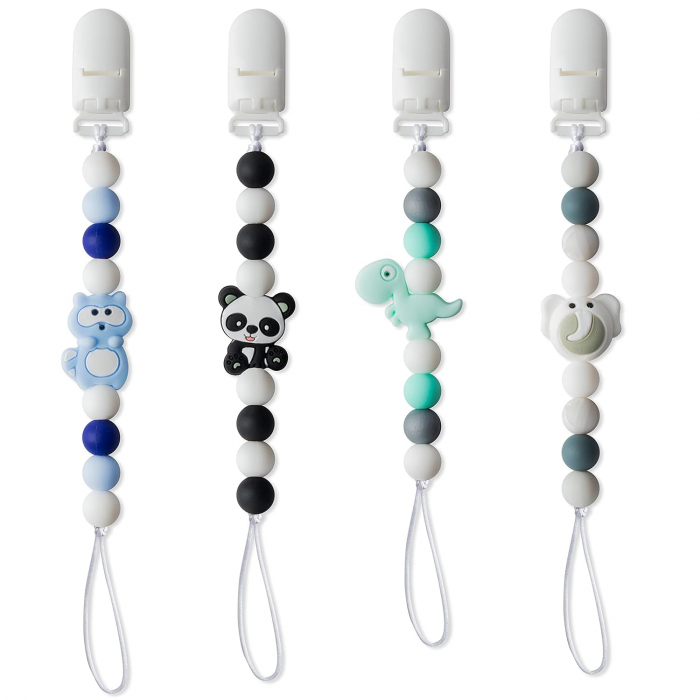 Lantisor Suzeta din Silicon, Set 4 piese, Giftry® – Jucarie Dentitie nou-nascut, Antialunecare , animale colorate – albastru / verde –Cadou Fete si Baieti [1]