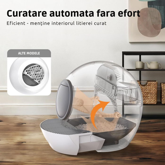 Litiera Automata Smart Giftry®, 60L, functie Inteligenta Autocuratare, Sterilizare, Eliminare Mirosuri, Indicator LED, Control prin Aplicatie, Covoras Special, alb-gri [7]