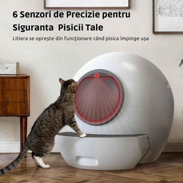 Litiera Automata Smart Giftry®, 60L, functie Inteligenta Autocuratare, Sterilizare, Eliminare Mirosuri, Indicator LED, Control prin Aplicatie, Covoras Special, alb-gri [4]