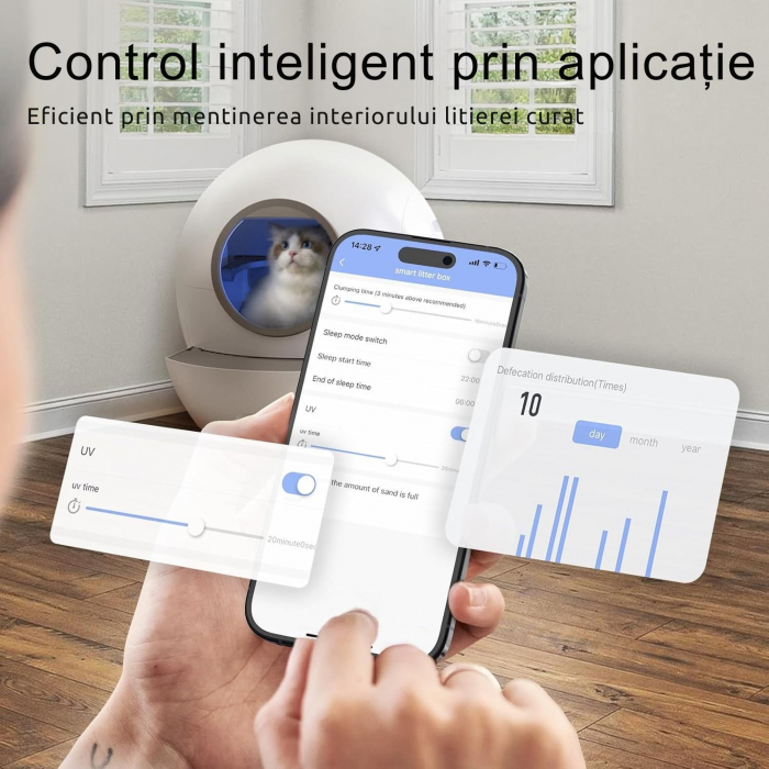 Litiera Automata Smart Giftry®, 60L, functie Inteligenta Autocuratare, Sterilizare, Eliminare Mirosuri, Indicator LED, Control prin Aplicatie, Covoras Special, alb-gri [2]