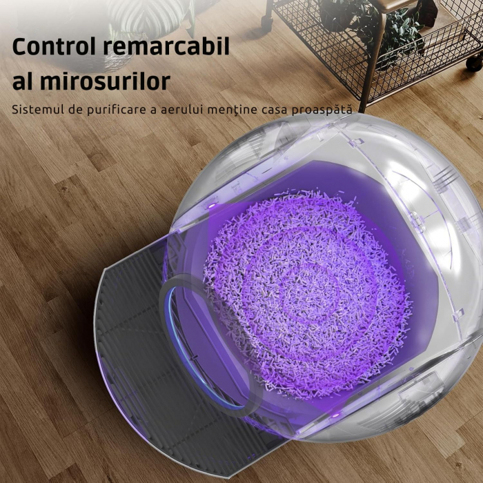 Litiera Automata Smart Giftry®, 60L, functie Inteligenta Autocuratare, Sterilizare, Eliminare Mirosuri, Indicator LED, Control prin Aplicatie, Covoras Special, alb-gri [5]
