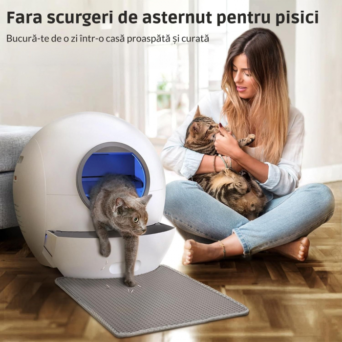 Litiera Automata Smart Giftry®, 60L, functie Inteligenta Autocuratare, Sterilizare, Eliminare Mirosuri, Indicator LED, Control prin Aplicatie, Covoras Special, alb-gri [6]