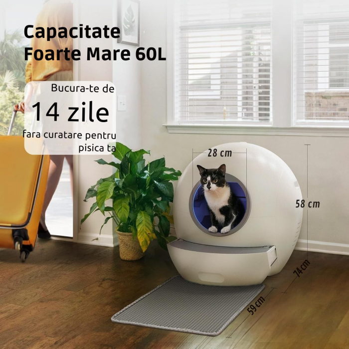 Litiera Automata Smart Giftry®, 60L, functie Inteligenta Autocuratare, Sterilizare, Eliminare Mirosuri, Indicator LED, Control prin Aplicatie, Covoras Special, alb-gri [3]