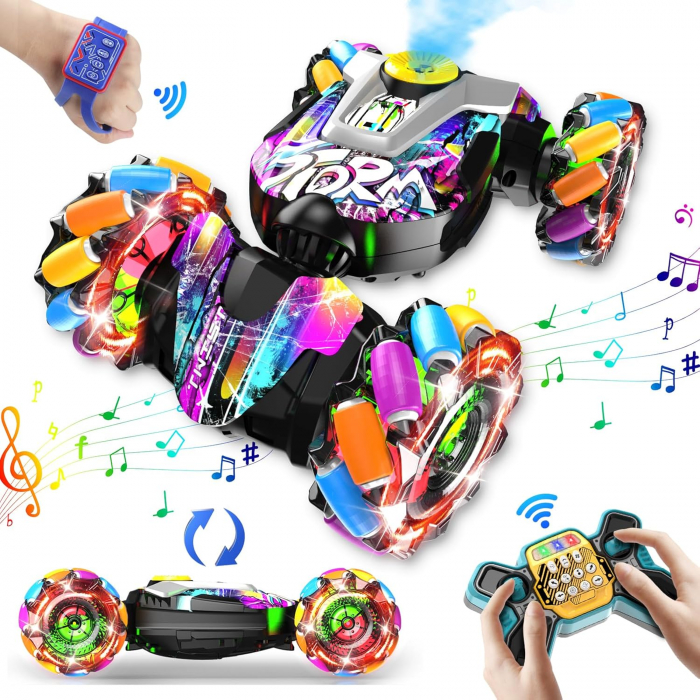 Masina cascadorie RC cu telecomanda si control prin gesturi, lumini, muzica, pulverizare, tractiune 4x4, rotatii 360°, multicolor, cadou ideal pentru copii 3-12 ani. [1]