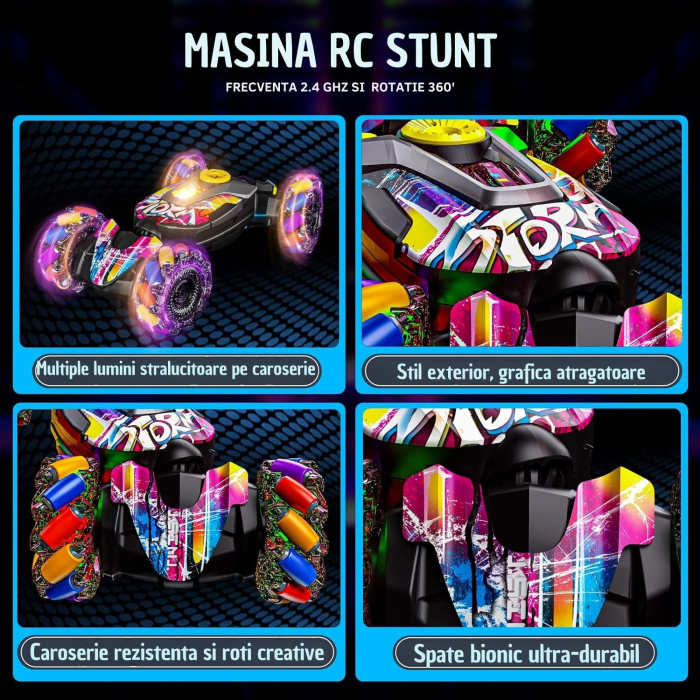 Masina cascadorie RC cu telecomanda si control prin gesturi, lumini, muzica, pulverizare, tractiune 4x4, rotatii 360°, multicolor, cadou ideal pentru copii 3-12 ani. [7]
