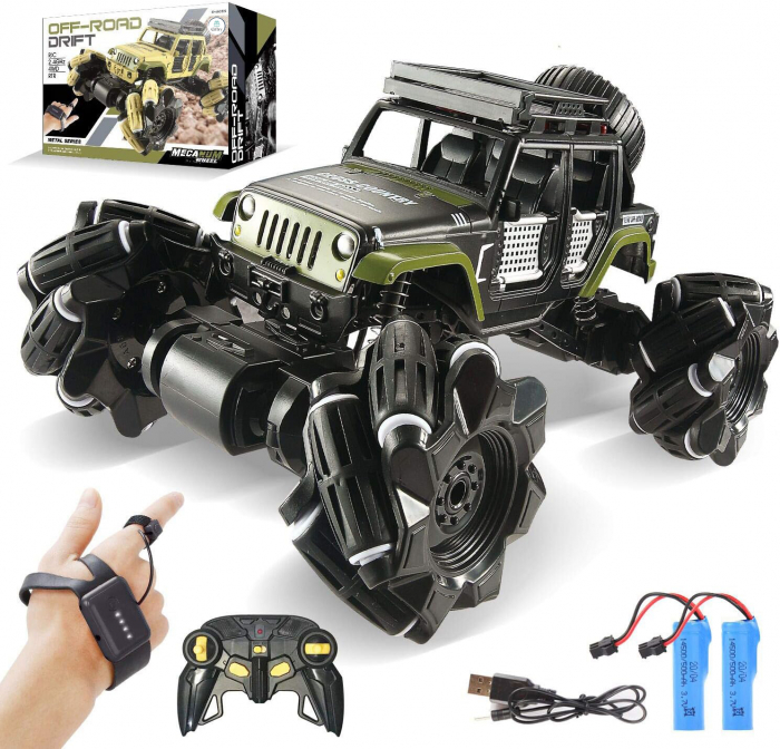 Masina cu telecomanda Giftry®, Stunt Car, RC detectare gesturi, 2,4 GHz 4WD, condus in ambele sensuri, rotatie de 360 °, vehicul army, lumini led si muzica, baieti si fete, 6-12 ani (verde) [7]