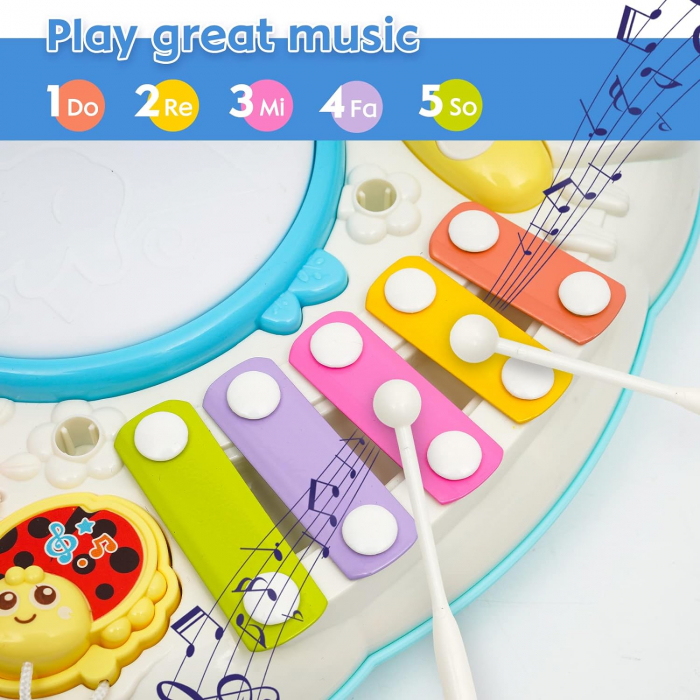 Masuta activitati Giftry®, centru multifunctional, instrumente muzicale, xilofon, elemente senzoriale, lumini si sunete, interactiv si educativ, 1+, roz [6]