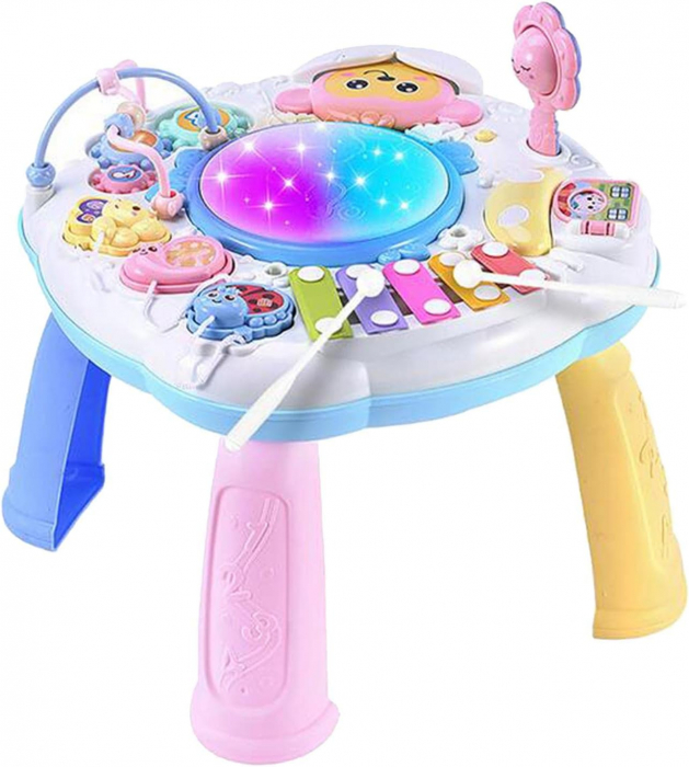 Masuta activitati Giftry®, centru multifunctional, instrumente muzicale, xilofon, elemente senzoriale, lumini si sunete, interactiv si educativ, 1+, roz [1]