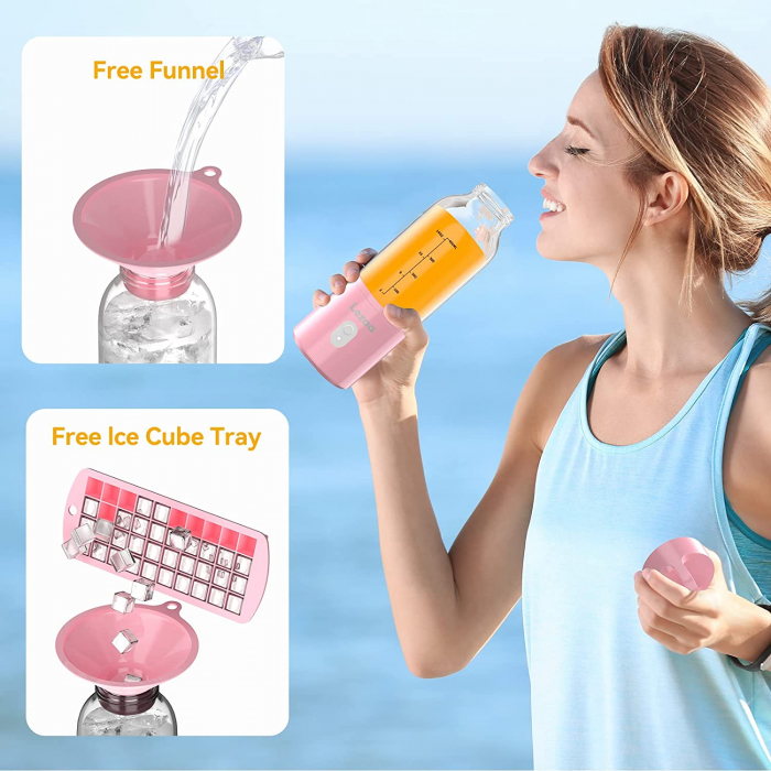 Mini Blender Electric Giftry®, Portabil/Multifunctional, Wireless, Capacitate 500 ml, Baterie reincarcabila, Tava cuburi gheata, Palnie, Roz [7]
