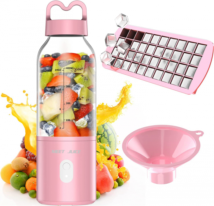 Mini Blender Electric Giftry®, Portabil/Multifunctional, Wireless, Capacitate 500 ml, Baterie reincarcabila, Tava cuburi gheata, Palnie, Roz [1]