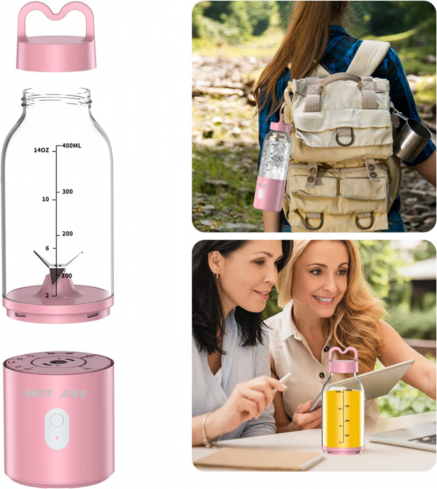 Mini Blender Electric Giftry®, Portabil/Multifunctional, Wireless, Capacitate 500 ml, Baterie reincarcabila, Tava cuburi gheata, Palnie, Roz [4]