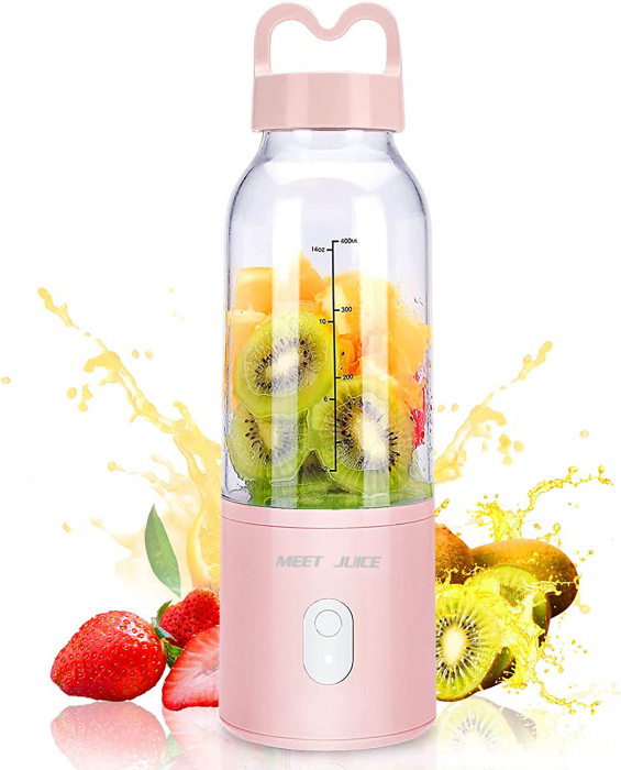 Mini Blender Electric Giftry®, Portabil/Multifunctional, Wireless, Capacitate 500 ml, Baterie reincarcabila, Tava cuburi gheata, Palnie, Roz [3]