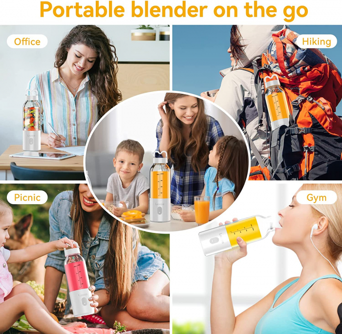 Mini Blender Electric Giftry®, Portabil/Multifunctional, Wireless, Capacitate 500 ml, Baterie reincarcabila, Tava cuburi gheata, Palnie, Alb [6]